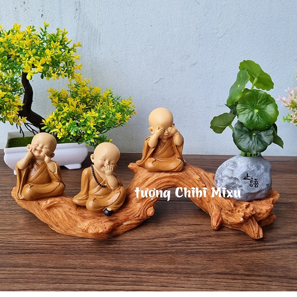 Set tượng Tam Không size nhí kèm chậu cây và chân đế giả gỗ size nhỏ